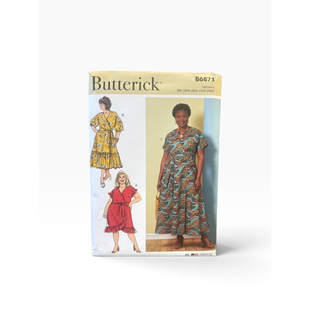Butterick Sewing Pattern Womens 18W-24W B6873 Wrap Dress Maxi Knee Ruffle Hem